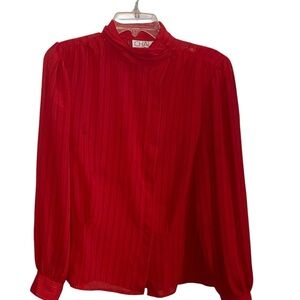 VTG Chaus Red pinstripe Secretary Blouse Mock neck  70s 80s steampunk valentines